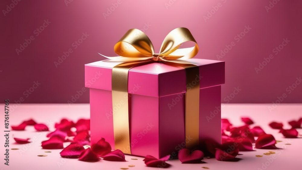 Valentine's Day pink gift box with gold ribbon bow and roses petals. Valentine's Day pink gift box with gold ribbon bow and roses petals.