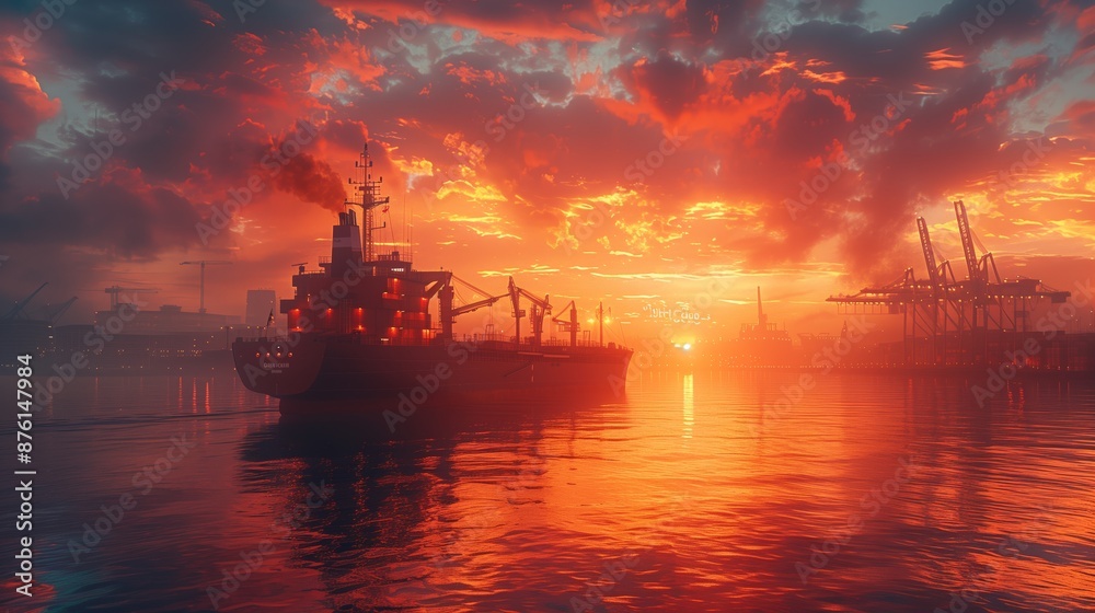 Cargo Ship in Harbor at Sunset. Cargo ship docked in a harbor during sunset, with cranes and port facilities visible in the background, highlighting maritime logistics. Cargo Ship in Harbor at Sunset. Cargo ship docked in a harbor during sunset, with cranes and port facilities visible in the background, highlighting maritime logistics.
