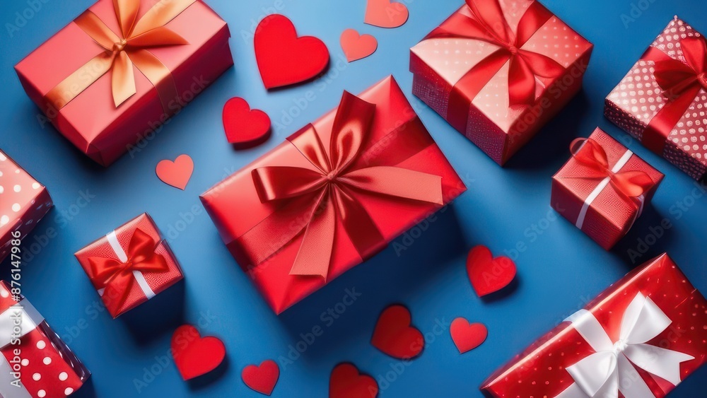 Valentine, background, hearts, gift, boxes wrapped red paper, ribbon on blue. Valentine, background, hearts, gift, boxes wrapped red paper, ribbon on blue.