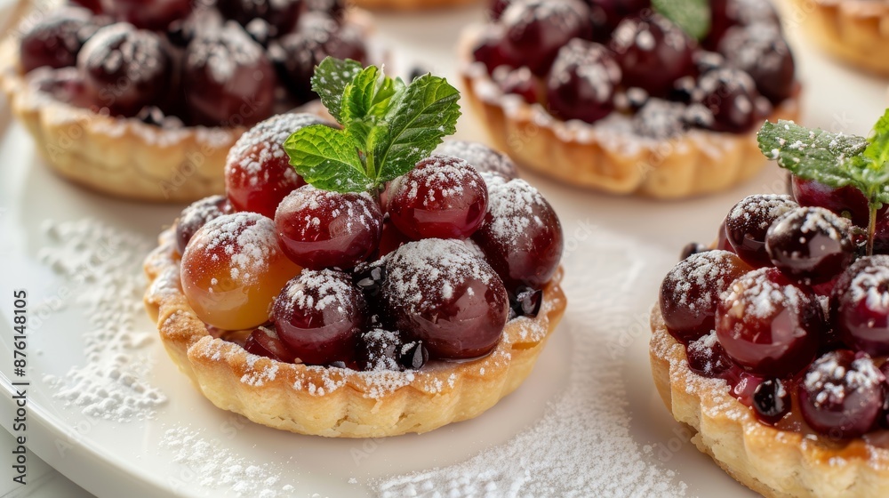 Decadent Grape Tarts with Powdered Sugar and Mint Garnish - Perfect for Gourmet Desserts and Pastry Lovers Decadent Grape Tarts with Powdered Sugar and Mint Garnish - Perfect for Gourmet Desserts and Pastry Lovers
