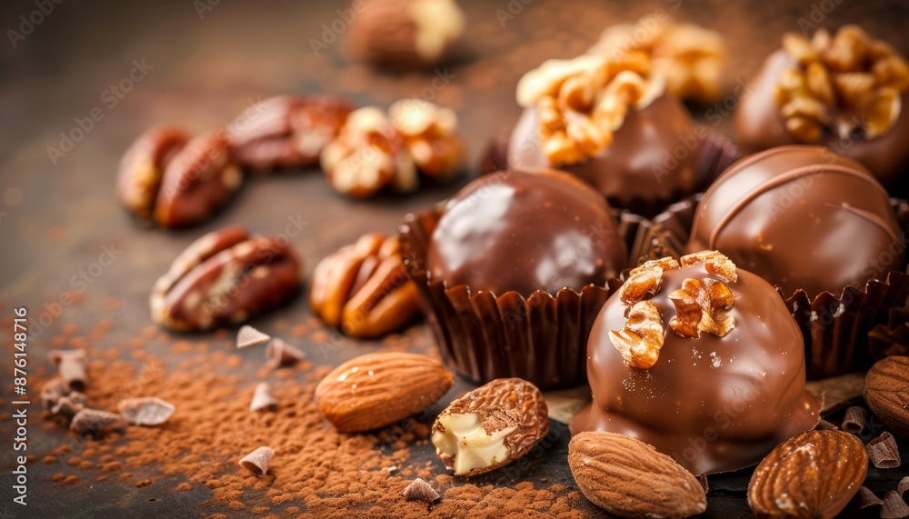 Chocolate Truffles with Mixed Nuts and Cocoa Powder on Rustic Background Chocolate Truffles with Mixed Nuts and Cocoa Powder on Rustic Background