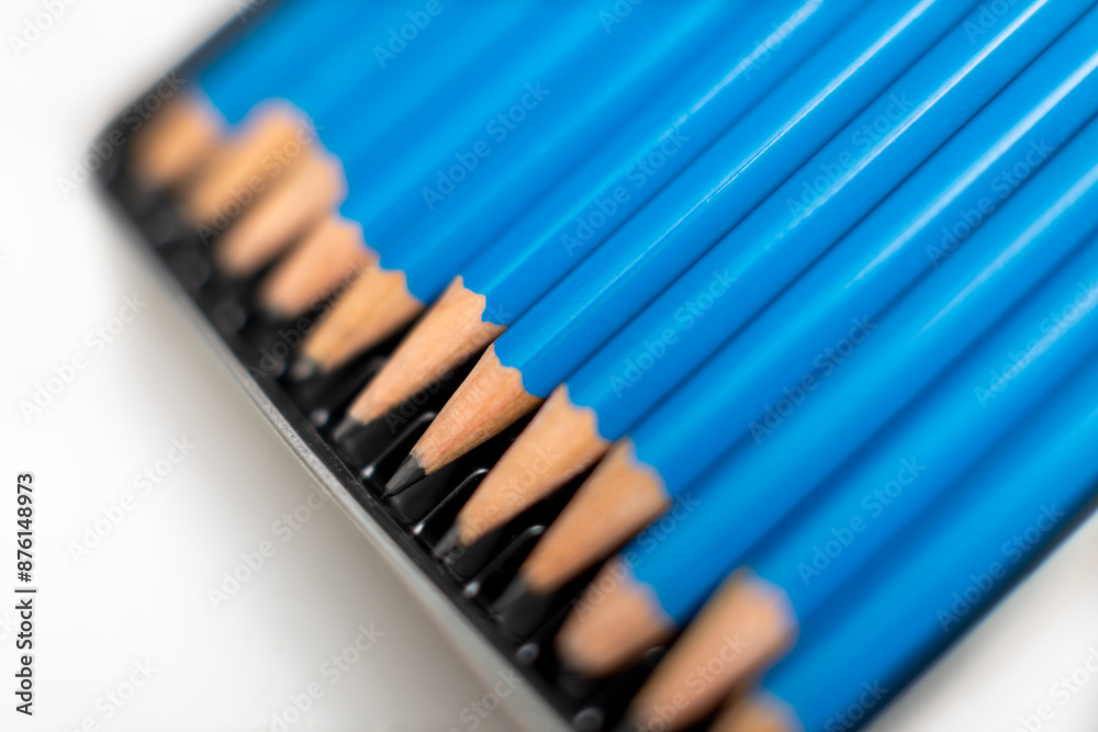 Artist pencils box different hardness - shallow focus Artist pencils box different hardness - shallow focus