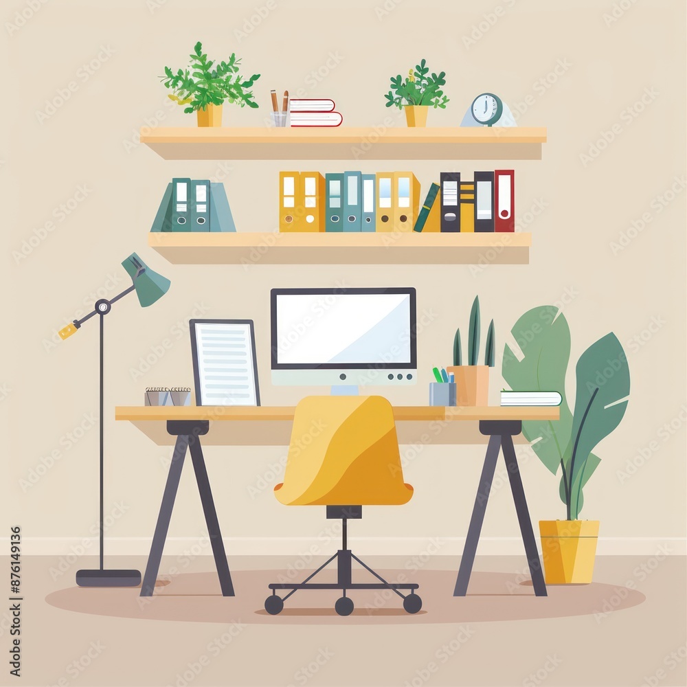 Fototapeta premium 30. **Remote learning setup, study space, flat design illustration**