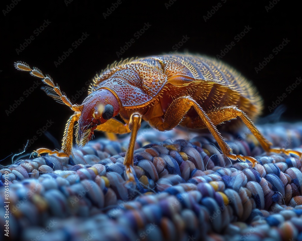 Naklejka premium Extreme Close-up Macro Shot of a Bed Bug Crawling on Mattress Seam Showcasing Textured Body and Legs Detail