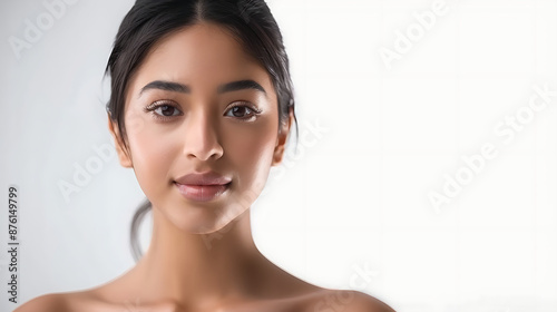 Close-up portrait of a young Indian woman with natural makeup skincare.