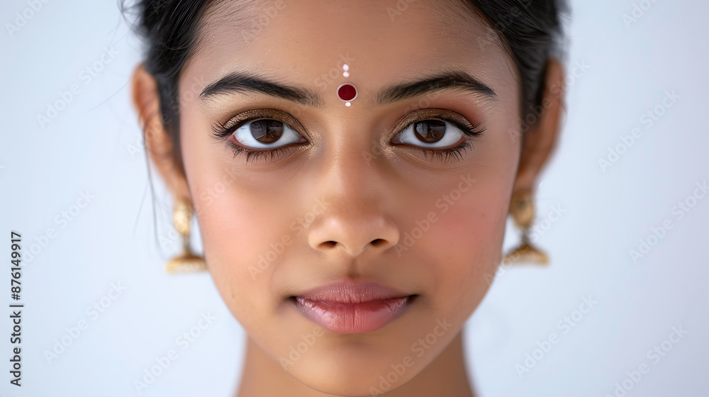 Close-up portrait of a young Indian woman with natural makeup skincare.