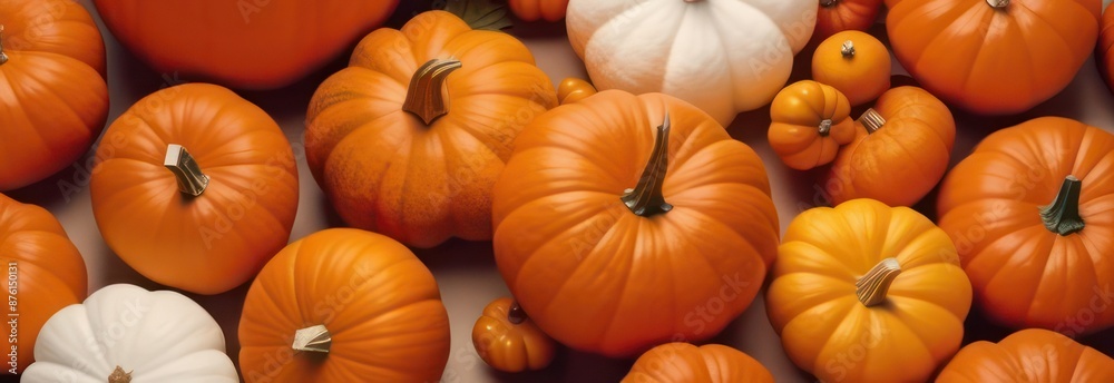 Banner pumpkins, maple leaves, cotton on beige background with copy space. Happy Thanksgiving holiday concept Banner pumpkins, maple leaves, cotton on beige background with copy space. Happy Thanksgiving holiday concept