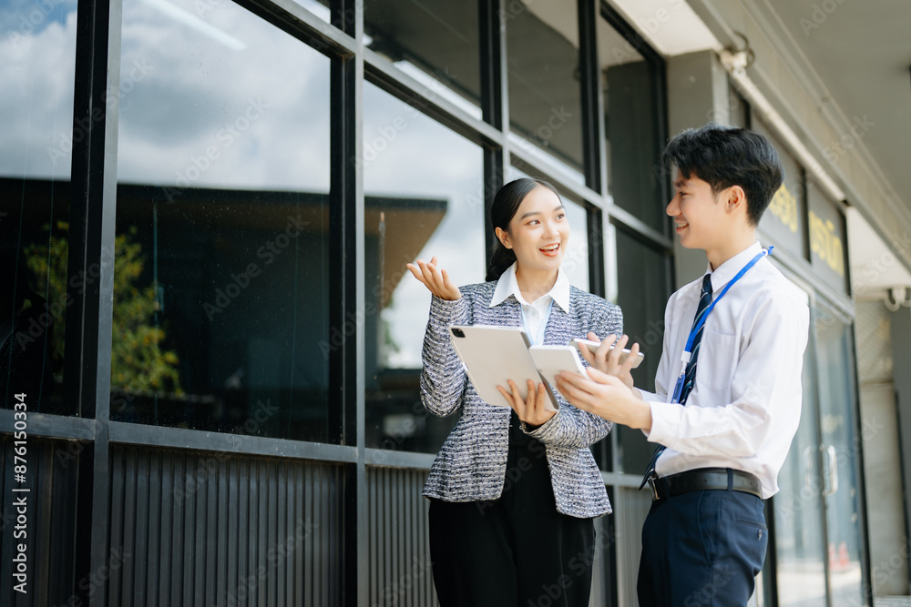 Businessman and woman going in city center in smart casual business style, talking, working together, stylish freelance people Businessman and woman going in city center in smart casual business style, talking, working together, stylish freelance people