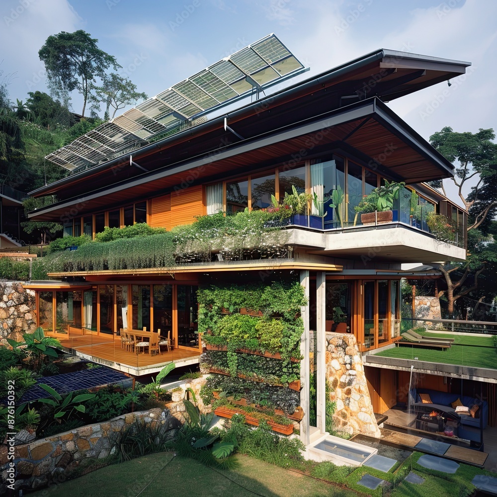 Eco-friendly home with solar panels, rainwater harvesting system, and green roof, demonstrating sustainable living