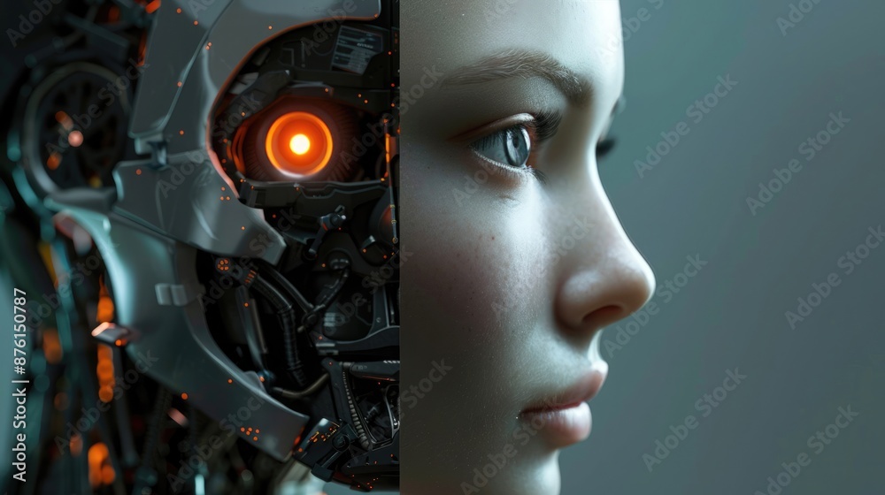 AI integration illustrated by a human face with one organic side and one robotic side, set in a futuristic context. AI human face AI integration illustrated by a human face with one organic side and one robotic side, set in a futuristic context. AI human face