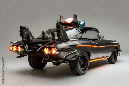 Schwarzes amerikanisches Auto der 50er Jahre im Science Fiction Retrostil umgebaut. Zurück in die Zukunft. Mad Max.