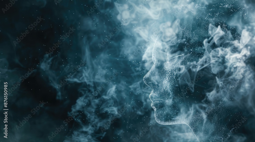 Data particles forming an AI-generated human face, emerging with a mystical and ethereal quality. AI human face