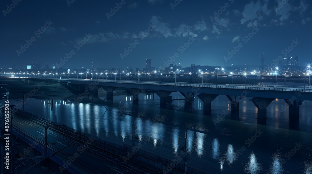 Fototapeta premium bridge, night, illuminated, lights, water, reflection, cityscape, skyline, dark, river, architecture, structure, glowing, twilight, urban, horizon, silhouette, beams, towers, cables, lanterns, moonlit