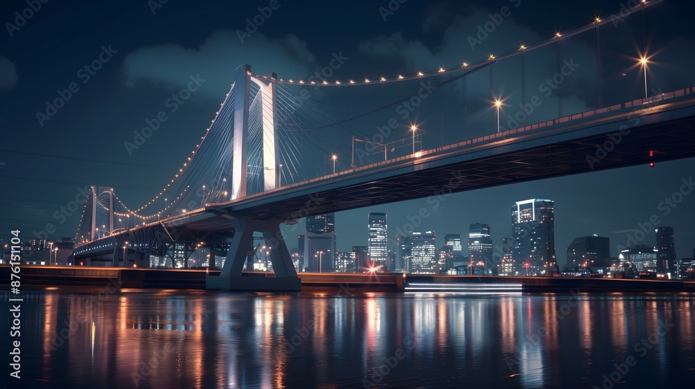 Obraz premium bridge, night, illuminated, lights, water, reflection, cityscape, skyline, dark, river, architecture, structure, glowing, twilight, urban, horizon, silhouette, beams, towers, cables, lanterns, moonlit