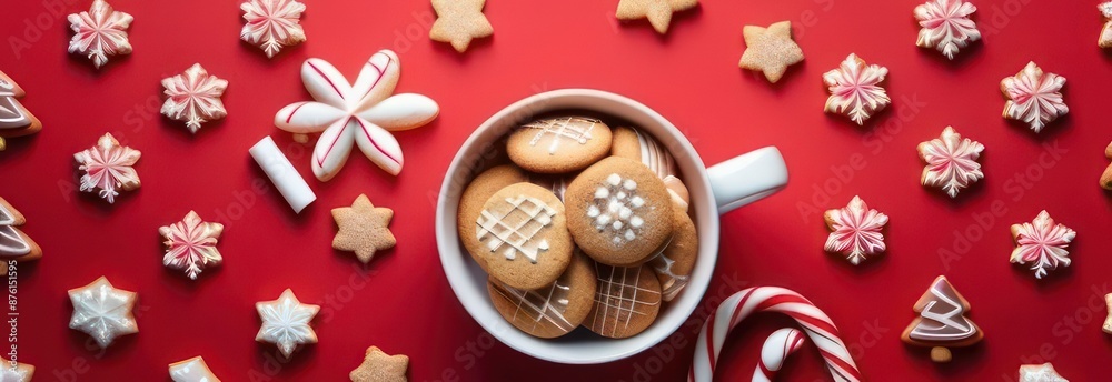 Banner Red Christmas background with oatmeal cookies, candy canes, hot cocoa with marshmallow. Banner Red Christmas background with oatmeal cookies, candy canes, hot cocoa with marshmallow.