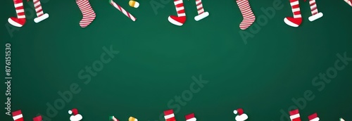 Christmas banner with decorations and candy canes on dark green background