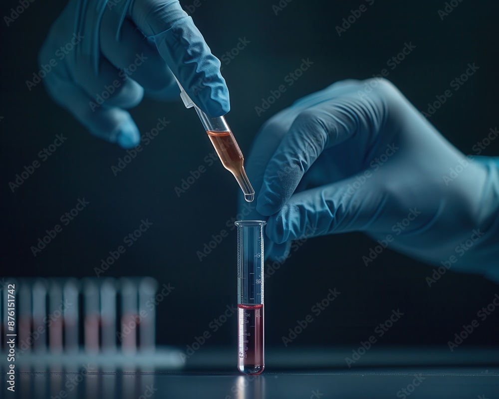 Precision in Science - Gloved Hand Holding Dropper Pipette above Test Tube | Vertical Laboratory Photography Concept with Copy Space Precision in Science - Gloved Hand Holding Dropper Pipette above Test Tube | Vertical Laboratory Photography Concept with Copy Space