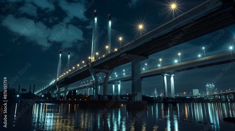 bridge, night, illuminated, lights, water, reflection, cityscape, skyline, dark, river, architecture, structure, glowing, twilight, urban, horizon, silhouette, beams, towers, cables, lanterns, moonlit bridge, night, illuminated, lights, water, reflection, cityscape, skyline, dark, river, architecture, structure, glowing, twilight, urban, horizon, silhouette, beams, towers, cables, lanterns, moonlit