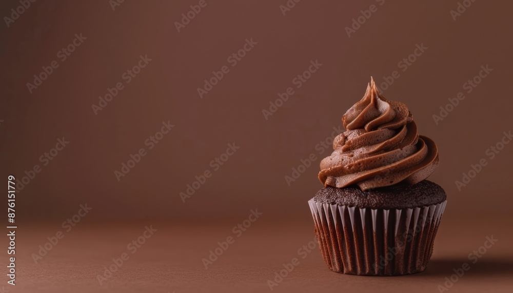 Chocolate Cupcake with Swirled Frosting on Gradient Background, Copy Space Chocolate Cupcake with Swirled Frosting on Gradient Background, Copy Space