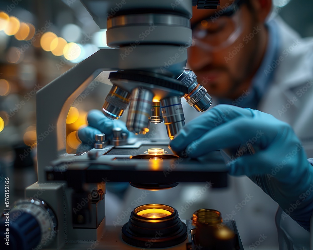 Precision in Science - Scientist's Hand Placing Slide on Microscope Stage with Copy Space Precision in Science - Scientist's Hand Placing Slide on Microscope Stage with Copy Space