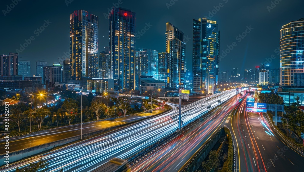 High-speed highway in the city, with tall buildings and street lights along it. Long exposure, Cityscape with Light Trails at Night High-speed highway in the city, with tall buildings and street lights along it. Long exposure, Cityscape with Light Trails at Night