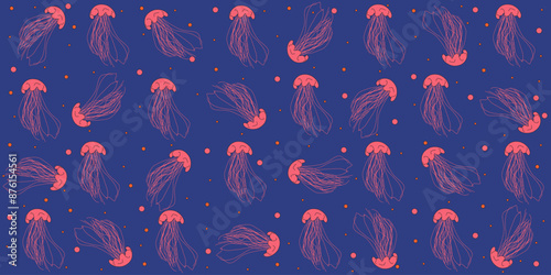 Marine design Summer wallpaper print with jellyfish. African color style seamless pattern with sea animal. Simple flat vector illustration can used bed linen textile printing.