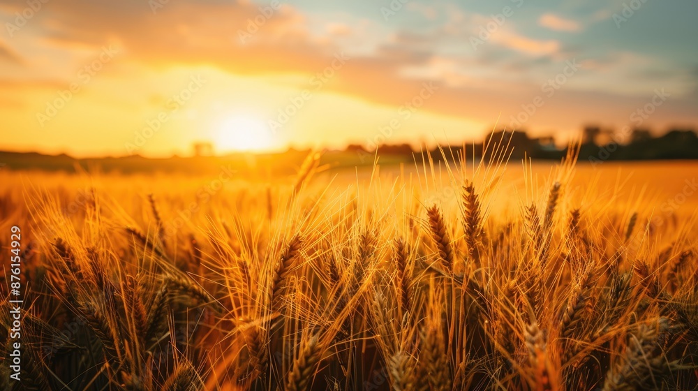 Golden wheat field swaying in the wind at sunset, capturing the beauty and abundance of nature in agriculture. Golden wheat field swaying in the wind at sunset, capturing the beauty and abundance of nature in agriculture.