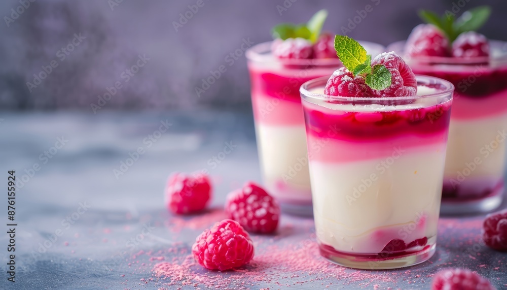 Classic Panna Cotta with Fresh Berries on Gradient Background, Elegant Dessert Classic Panna Cotta with Fresh Berries on Gradient Background, Elegant Dessert