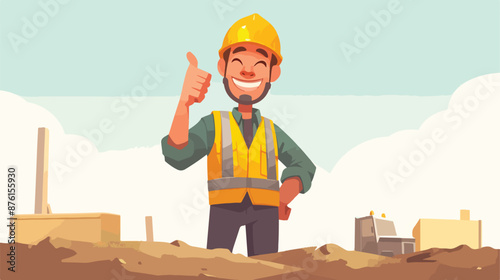 An asian builder in helmet giving thumb up. A builder