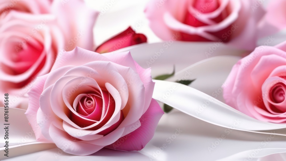 Fototapeta premium Abstract flowing waves with beautiful roses on white background