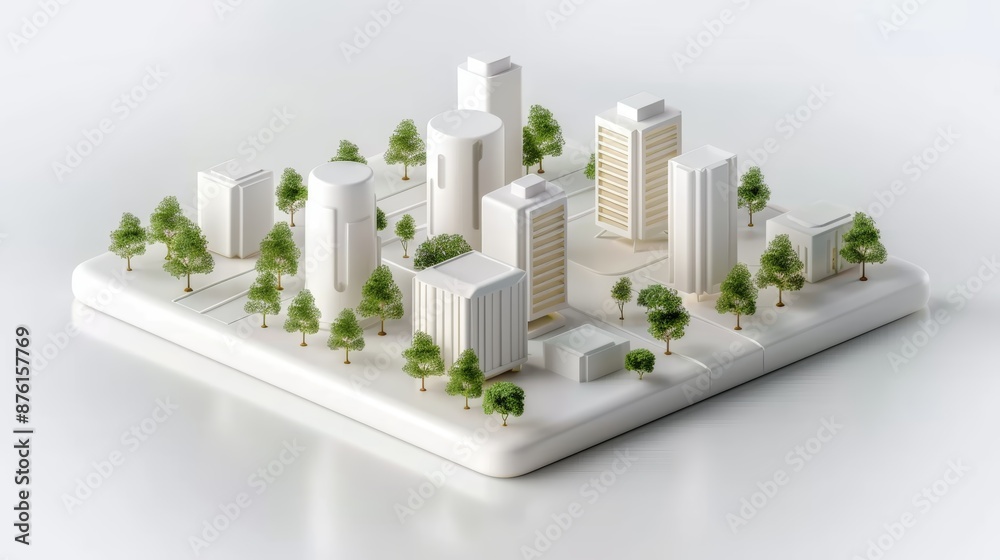 3D model of a modern cityscape with buildings, trees, and streets on a white platform, depicting urban planning and design.