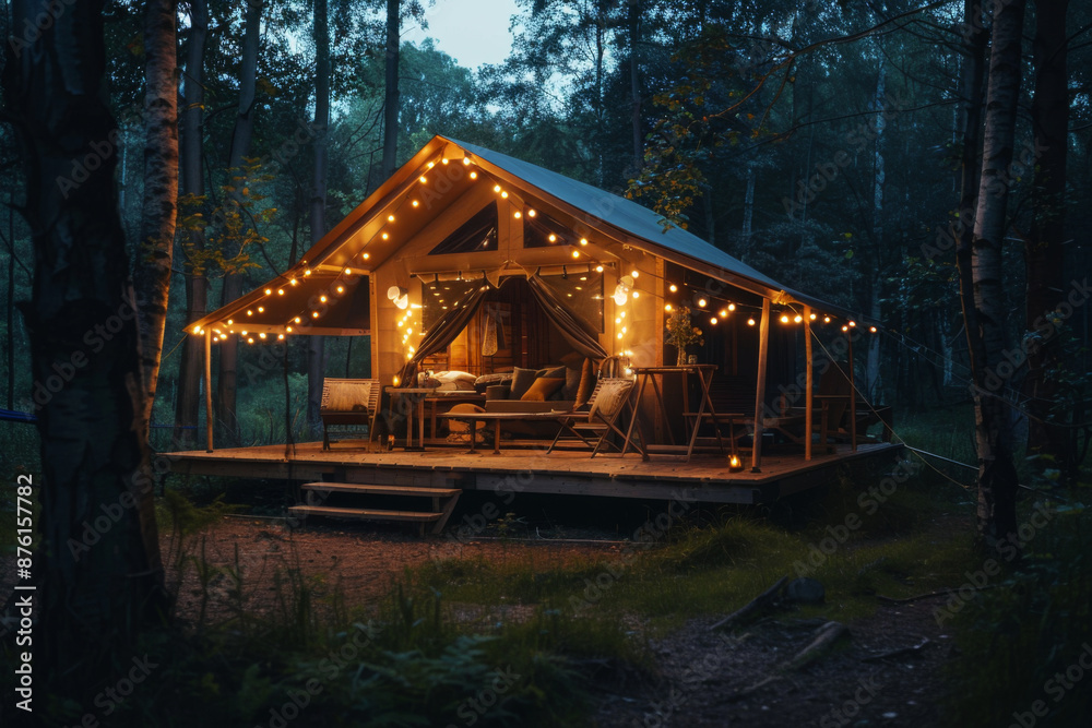 Luxurious glamping wooden lodge with comfortable furnishings, in a serene forest clearing, magical twilight ambiance Luxurious glamping wooden lodge with comfortable furnishings, in a serene forest clearing, magical twilight ambiance