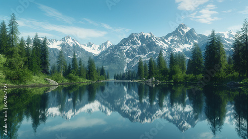 A serene mountain lake surrounded by lush pine forests, with the reflection of the snow-capped peaks mirrored perfectly in the still waters under a clear blue sky