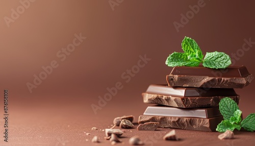 Chocolate Bar with Mint Leaves on Gradient Background, Copy Space
