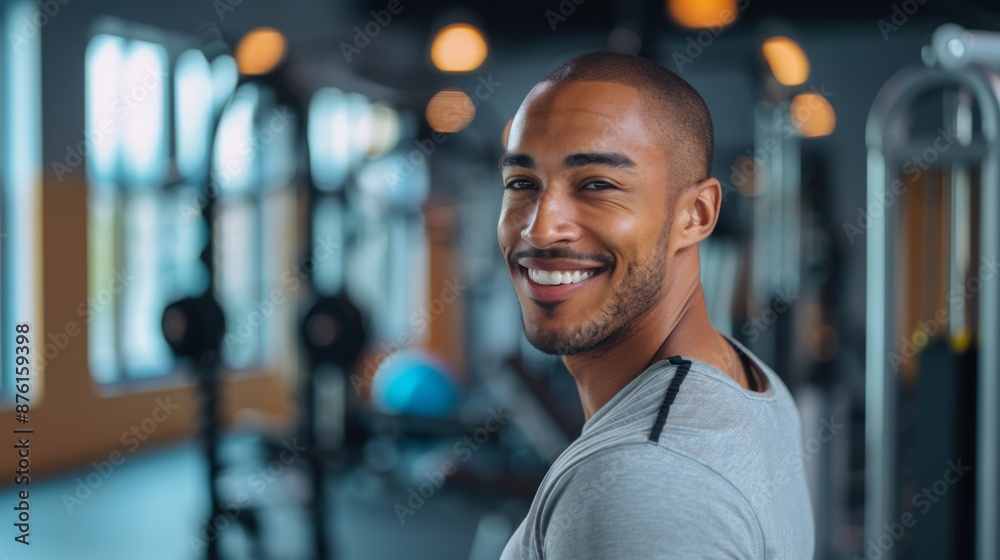 Smiling Man in a Gym Setting While Exercising. Generative AI Smiling Man in a Gym Setting While Exercising. Generative AI