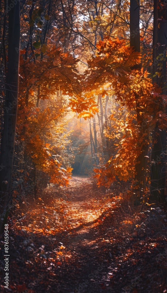 Obraz premium Heart-shaped Autumn Leaf Formation on Forest Path with Warm Sunlight Filtering Through