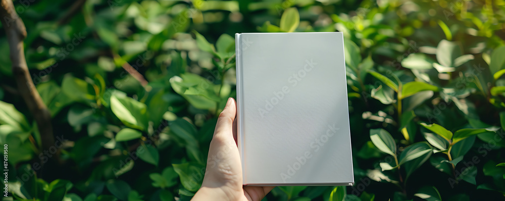 Person hand a white Blank book mock up in sunny nature green grass background. Person hand a white Blank book mock up in sunny nature green grass background.
