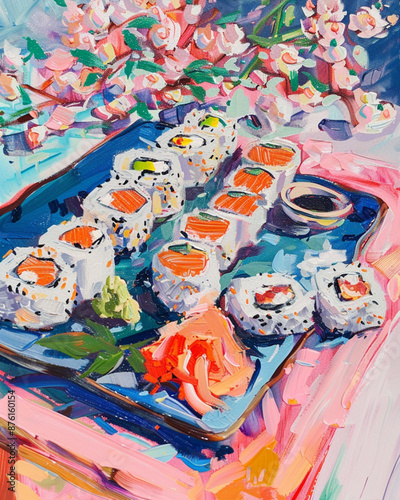 Sushi on long tray . Ai generated © Irina