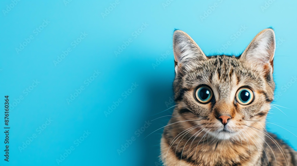 A tabby cat with big blue eyes stares intently at the camera. Stock ...