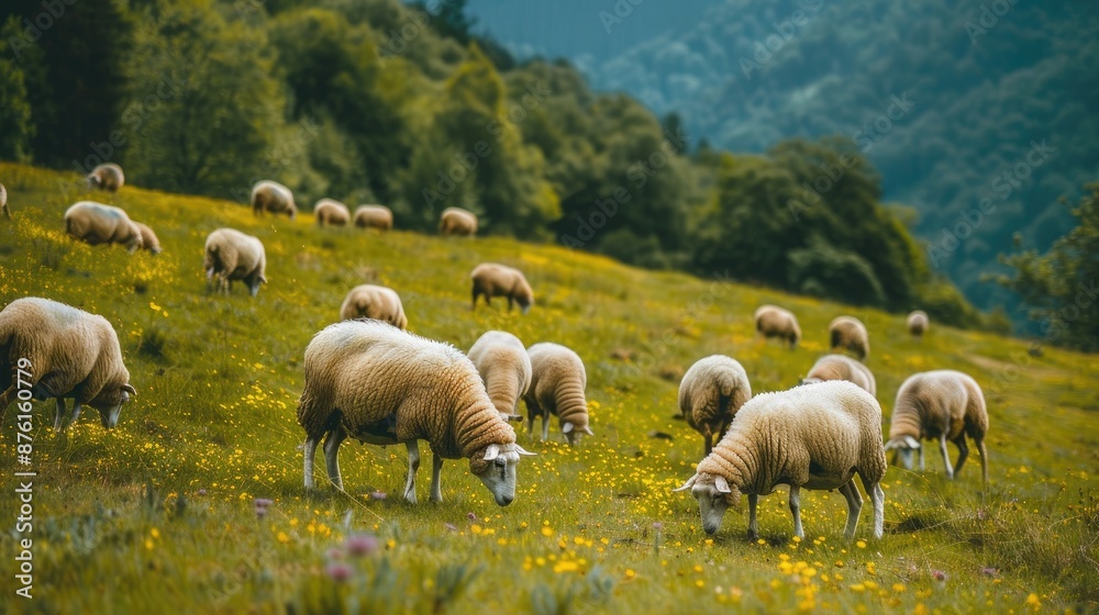 Sheep grazing on a hillside pasture, representing livestock farming and pastoral agriculture. Sheep grazing on a hillside pasture, representing livestock farming and pastoral agriculture.