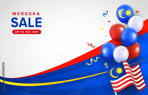 Malaysia Day or Hari Merdeka promotion celebration wavy background design. Malaysia National day vector illustration curve tricolour template with balloons, ribbons for cards, banner, poster, social m