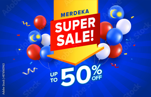 Big sale arrow promotion idea of Malaysia Day or Hari Merdeka with celebration elements. Malaysia National day vector illustration template with balloons, ribbons for cards, banner, poster.
