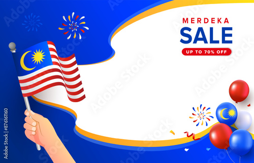 Waving flag promotion concept of Malaysia Day or Hari Merdeka with celebration elements. Malaysia National day vector illustration template with balloons, fireworks for cards, banner, poster, social m