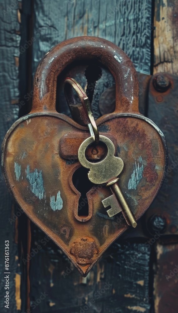 Heart Shaped Rusty Lock with Key Symbolizing Love and Secrets - Perfect for Romantic Designs Heart Shaped Rusty Lock with Key Symbolizing Love and Secrets - Perfect for Romantic Designs