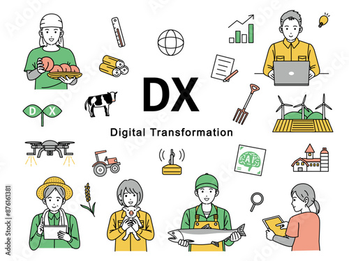 DX推進や取り組みをする一次産業のイラストセット