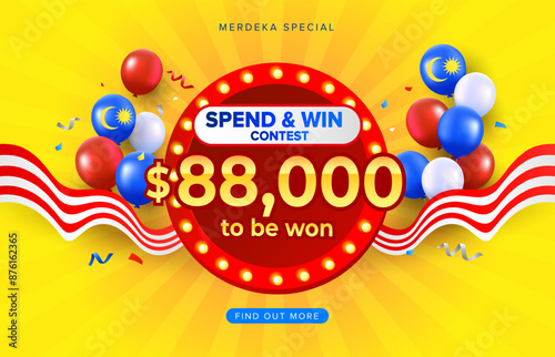 Malaysia Day or Hari Merdeka spend and win contest with light bulb retro bright yellow background design. Malaysia National day vector illustration contest template for cards, banner, poster.