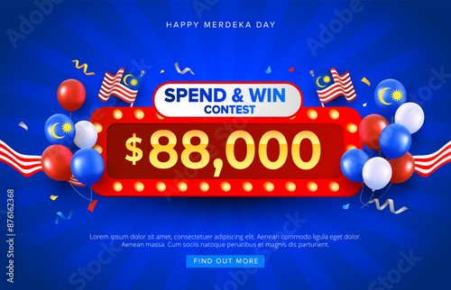Malaysia Day or Hari Merdeka spend and win contest with light bulb retro background design. Malaysia National day vector illustration contest template for greeting cards, banner, poster, social media.