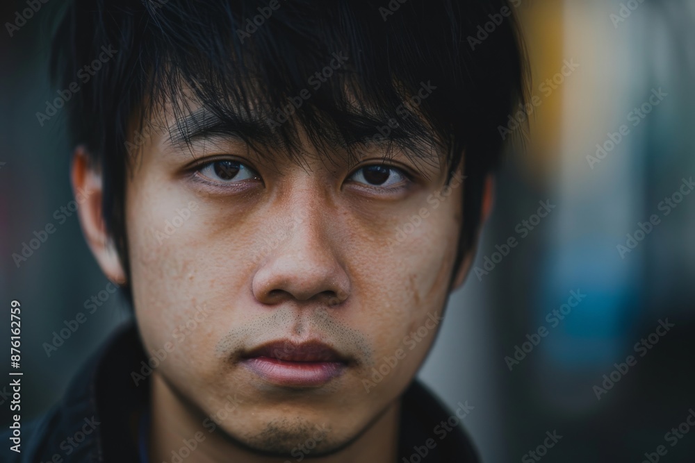 A young man with dark hair, captured in an intense and thoughtful expression, stands outdoors, conveying depth and contemplation against a soft-focused background.