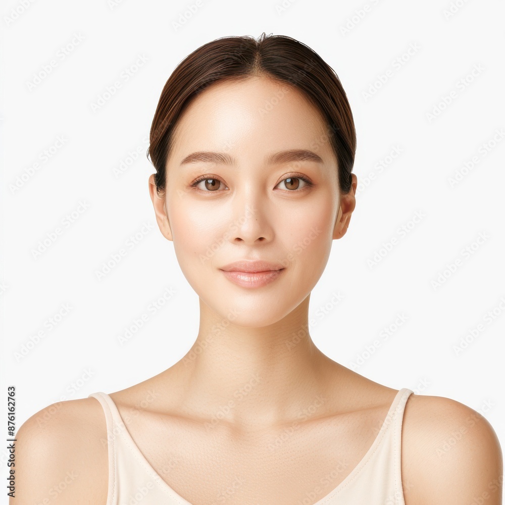 A woman in a half-body view, with visible arms, showcasing a flawless complexion using K-beauty foundation and BB cream A woman in a half-body view, with visible arms, showcasing a flawless complexion using K-beauty foundation and BB cream