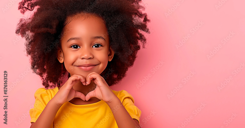Happy little African American girl making heart shape with hands on pink background. Perfect for child's advertisement. Happy little African American girl making heart shape with hands on pink background. Perfect for child's advertisement.